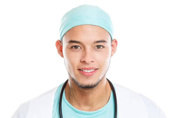Portrét Mladého Lékaře Usmívající Šťastný Obličej Zaměstnání Izolované Bílém Pozadí — Stock fotografie