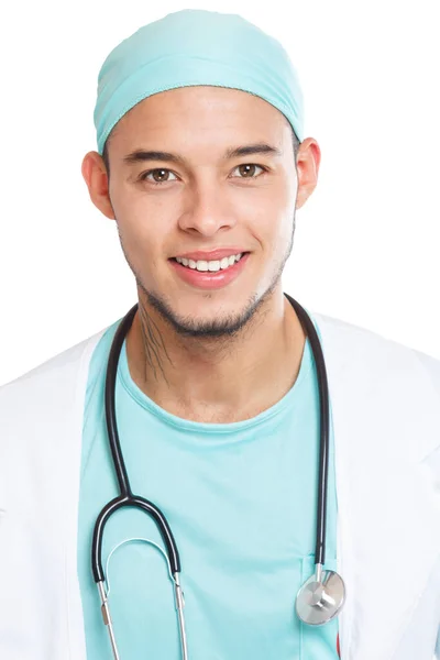 Mladý Lékař Usmívá Šťastný Obličej Portrét Formát Zaměstnání Izolované Bílém — Stock fotografie