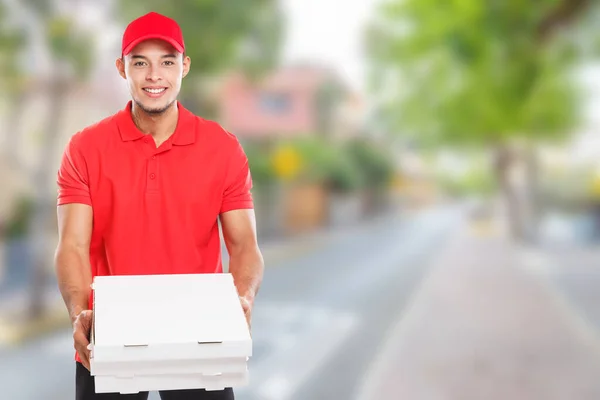 Pizza Fast Food Entrega Jovem Latino Homem Cidade Copyspace Cópia — Fotografia de Stock