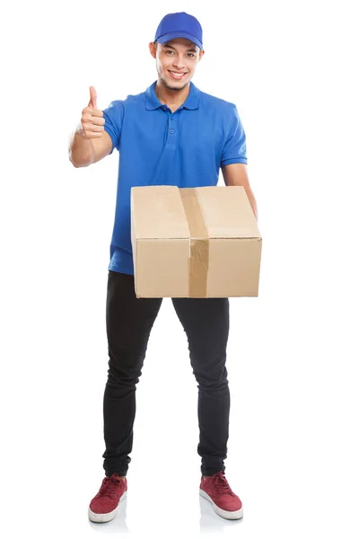 Junger Mann Paketzustelldienst Box Paketbestellung Lieferung Erfolg Erfolgreichen Ganzkörper Porträt — Stockfoto