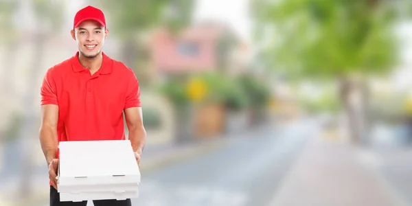 Pizza Fast Food Delivery Young Latin Man Town Banner Copyspace — Φωτογραφία Αρχείου