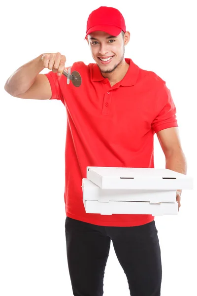 Cortador Pizza Entrega Fast Food Sorrindo Jovem Latino Entregando Entregar — Fotografia de Stock