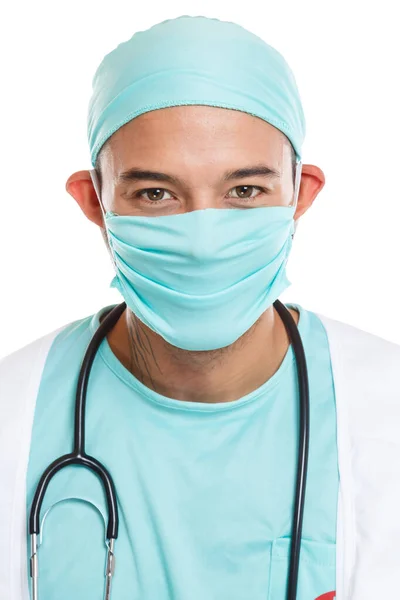 Νεαρός Γιατρός Πορτρέτο Μορφή Mouthguard Επάγγελμα Εκπαίδευση Άνθρωπος Εργασία Απομονώνονται — Φωτογραφία Αρχείου