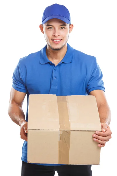 Paketzustelldienst Box Paket Liefert Job Logistik Junger Lateinischer Mann Isoliert — Stockfoto