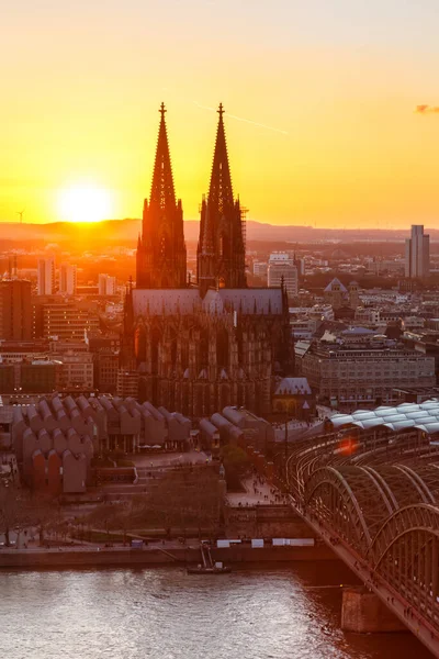 Kölner Domkirche Hochformat Deutschland Skyline Stadt Sonnenuntergang Brücke Abend — Stockfoto