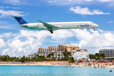 Sint Maarten, Netherlands Antilles - September 17, 2016 Insel Air McDonnell Douglas MD-83 airplane at Sint Maarten Airport in the Netherlands Antilles. clipart
