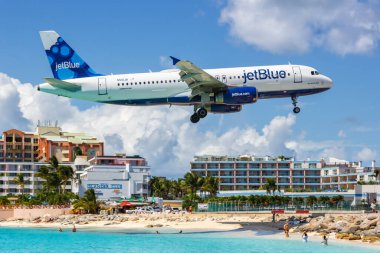 Sint Maarten, Netherlands Antilles - September 16, 2016 JetBlue Airbus A320 airplane at Sint Maarten Airport in the Netherlands Antilles. clipart