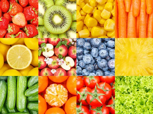 Insamling Frukt Och Grönsaker Frukt Collage Bakgrund Med Bär Äpplen — Stockfoto