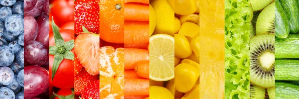 Recogida Frutas Verduras Fondo Collage Frutas Con Bayas Zanahorias Frescas —  Fotos de Stock