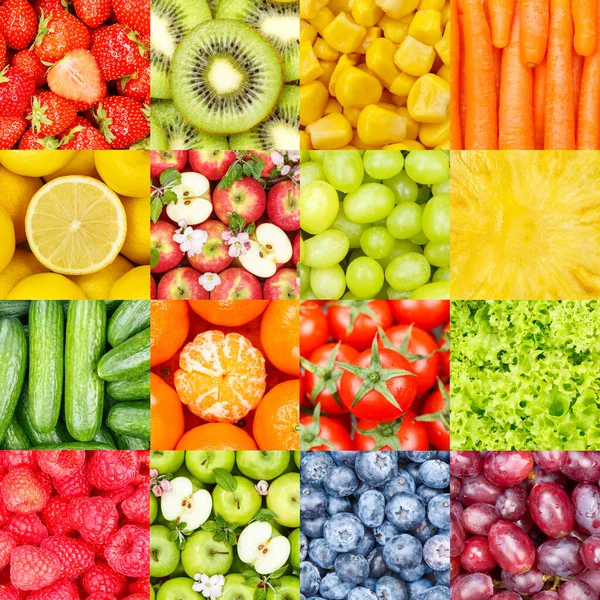 Kolekce Ovoce Zeleniny Ovoce Koláž Pozadí Bobulemi Jablka Mrkev Náměstí — Stock fotografie