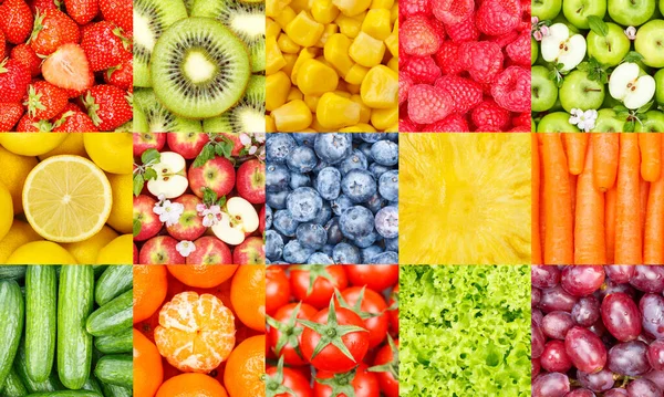 Insamling Frukt Och Grönsaker Frukt Collage Bakgrund Med Bär Och — Stockfoto