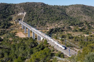 Roda de Bera, İspanya - 20 Şubat 2022 Talgo Madrid 'de 250 hızlı RENFE treni - İspanya' da Roda de Bera yakınlarındaki Barselona yüksek hızlı demiryolu hattı.
