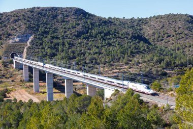 Roda de Bera, İspanya - 20 Şubat 2022 Talgo Madrid 'de yüksek hızlı RENFE treni - İspanya' da Roda de Bera yakınlarındaki Barselona yüksek hızlı tren hattı.