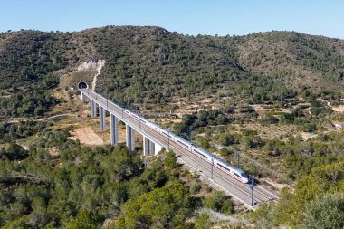 Roda de Bera, İspanya - 20 Şubat 2022 AVE Siemens Velaro Madrid 'de yüksek hızlı RENFE treni - Barcelona yüksek hızlı demiryolu hattı Roda de Bera, İspanya.