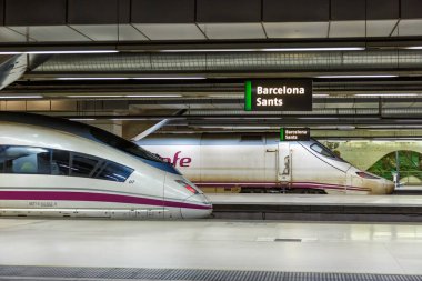 Barselona, İspanya - 19 Şubat 2022 RENFE tarafından Barcelona, İspanya 'daki Barcelona Sants tren istasyonunda çalıştırılan yüksek hızlı trenler.