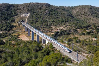 Roda de Bera, İspanya - 20 Şubat 2022 AVE Siemens Velaro Madrid 'de yüksek hızlı RENFE treni - Barcelona yüksek hızlı demiryolu hattı Roda de Bera, İspanya.