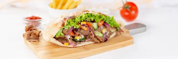Kebab Doner Kebap Slice Fast Food Flatbread French Fries Wooden — Stock Photo, Image
