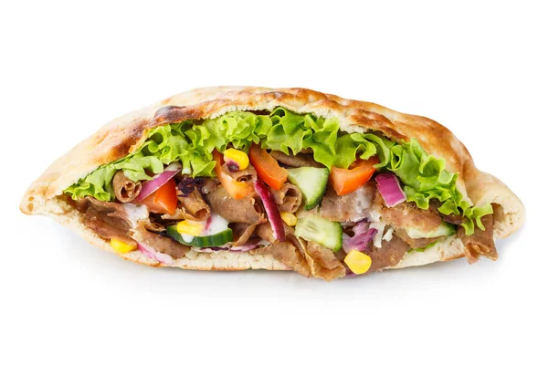 Kebab Doner Kebap Fastfood Plat Brood Geïsoleerd Een Witte Achtergrond — Stockfoto