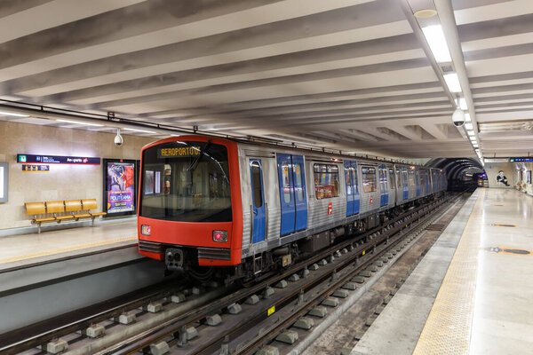 Lisbon, Portugal - September 25, 2021 Lisbon Lisboa Metro Underground Station Aeroporto in Portugal.