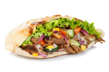 Doner kebap Doner Kebap Flatbread 'in beyaz arka plan aperatiflerinde izole edilmiş fast food