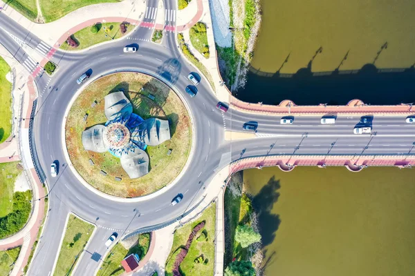 Letecký Pohled Dopravní Kruhový Objezd Městě Gorzow Wielkopolski Řece Warta — Stock fotografie