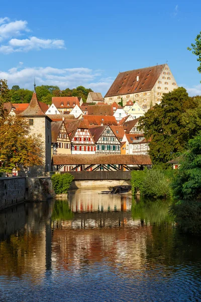 Полудеревянные Дома Средневекового Города Реке Кохер Германии — стоковое фото