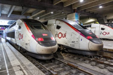 Paris, Fransa - 6 Haziran 2022: TGV Duplex yüksek hızlı trenleri Paris, Fransa 'daki Gare Montparnasse tren istasyonunda.