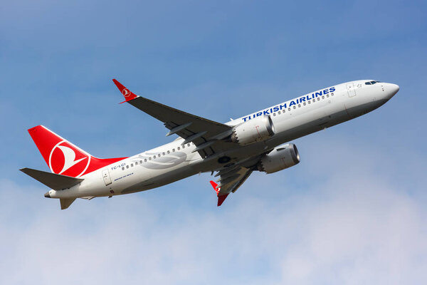 Hamburg, Germany - August 14, 2022: Turkish Airlines Boeing 737 MAX 8 airplane at Hamburg airport (HAM) in Germany.