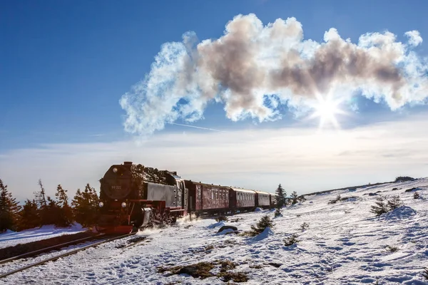 Brockenbahn Gőzmozdony Vasúti Sín Brocken Hegyen Németországban — Stock Fotó