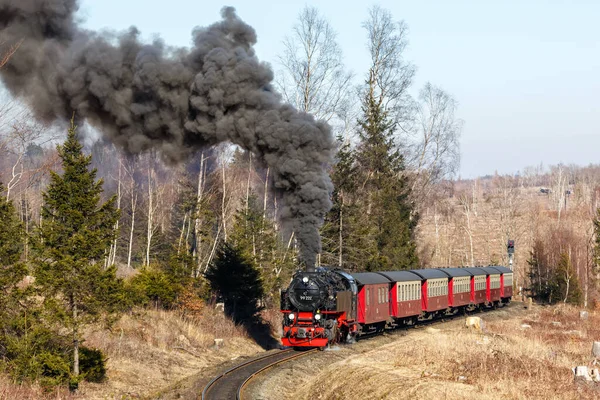 Brockenbahn Trem Vapor Locomotiva Ferroviária Partida Drei Annen Hohne Alemanha — Fotografia de Stock