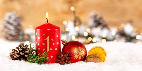 Primer 1Er Domingo Adviento Con Vela Navidad Decoración Deco Banner — Foto de Stock