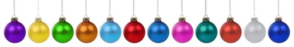 クリスマスの装飾のボールのコレクションは 白い背景に隔離された行の多くのカラフルなバナーを禁止します — ストック写真