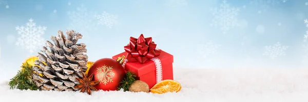 Weihnachtskarte Dekoration Mit Geschenk Geschenk Banner Panorama Und Copyspace Kopierraum — Stockfoto