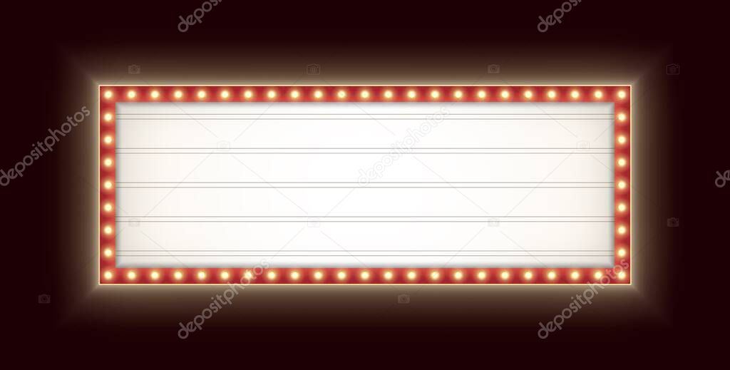 Retro lightbox with light bulbs isolated on a dark background. Vintage theater signboard mockup.