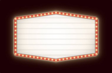 Koyu bir arka planda izole edilmiş ampullü Retro ışık kutusu. Klasik altıgen tiyatro tabelası.