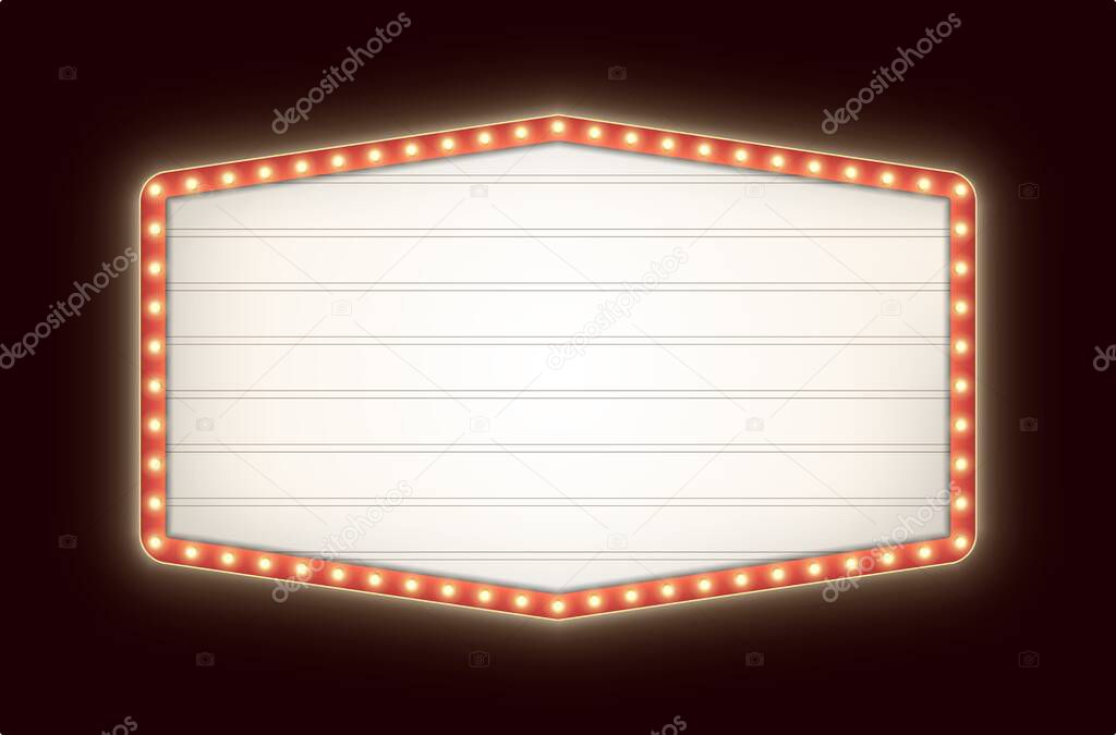 Retro lightbox with light bulbs isolated on a dark background. Vintage hexagonal theater signboard.