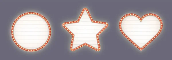 Boîtes à lumière rétro, panneaux d'affichage à chapiteau rouge - forme cercle, étoile et cœur avec ampoules jaunes — Image vectorielle