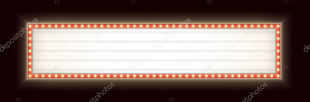 Wide retro lightbox with light bulbs. Vintage theater signboard. Horizontal marquee billboard with lamps.