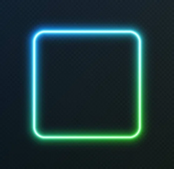 Gradient carré néon, bordure luisante bleu-vert isolé sur un fond sombre. Bannière de nuit colorée — Image vectorielle