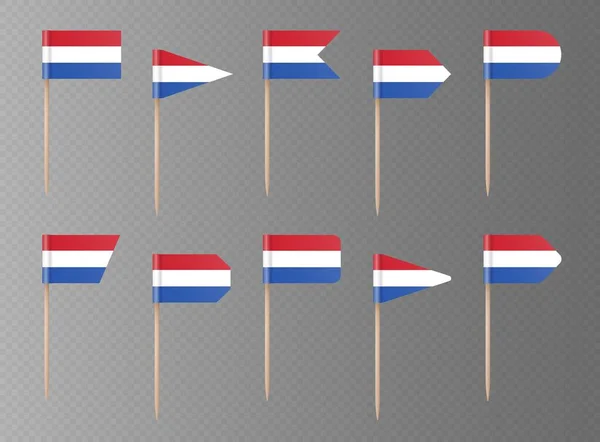 Bandeiras de palito de dentes holandesas isoladas em um fundo transparente escuro. — Vetor de Stock