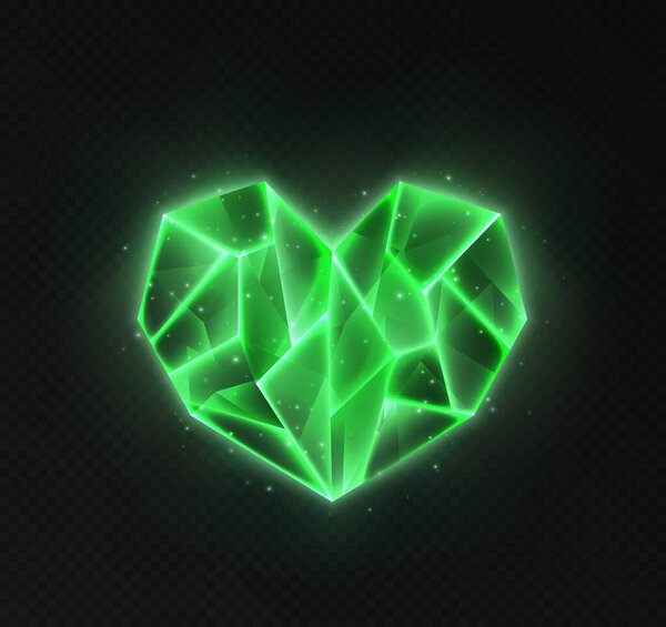 Realistic heart shaped crystal, green glowing gem isolated on dark background.