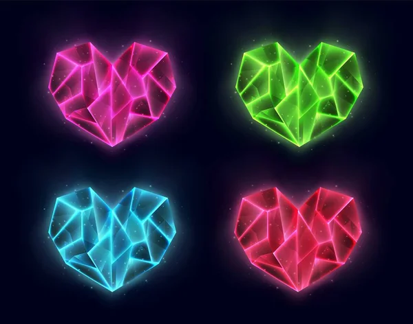 Realistic heart shaped crystals, colorful glowing gems. 3d magic stones set — Vector de stock