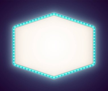 Beyaz ampullü mavi retro ışık kutusu, koyu arkaplanda izole edilmiş klasik tiyatro tabelaları. Parlak altıgen ticari duyuru pankartı. Lambalı afiş panosu.