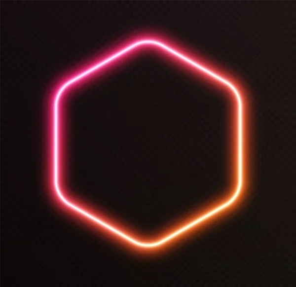 Lutande Neon Hexagon Rosa Orange Glödande Gräns Isolerad Mörk Bakgrund — Stock vektor