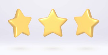 3d yıldızlar, web için gerçekçi sarı derecelendirme dekorasyonu, gri arkaplanda izole edilmiş müşteri geribildirim simgesi. Vektör illüstrasyonu.
