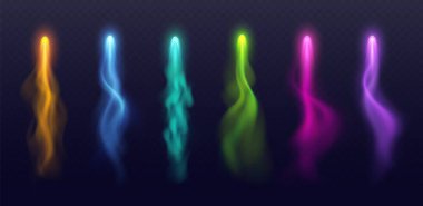 Vfx arrow effect, magic light trails with colorful haze, realistic witch spell blast in motion. Fantasy game weapon effect isolated on a dark background. Vector illustration.