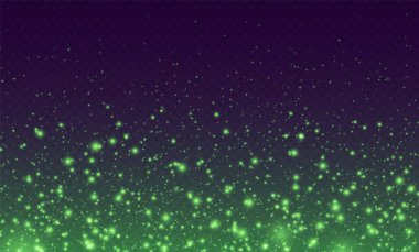 Magic sparkles, green fairy stardust with sparks. Shiny flying fireflies, witch potion effect. Cosmic dust with glowing flares isolated on a dark background. Vector illustration.