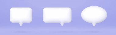 3d speech bubbles set, realistic white chat dialogue quotes, social media communication elements isolated on purple background. Vector illustration.