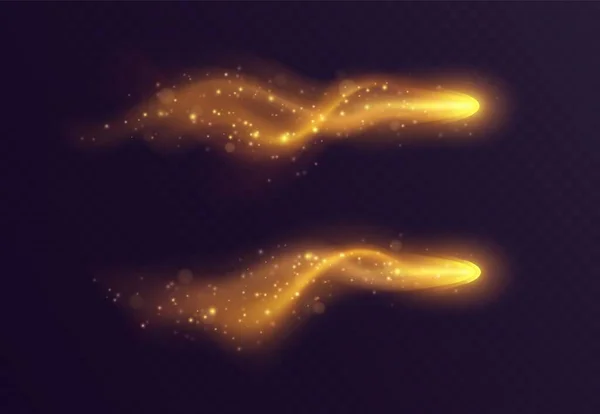 Golden Light Trail Magic Stardust Haze Sparkles Realistic Fireball Fantasy — Stock Vector