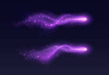 Purple light trail, magic stardust with haze and sparkles, realistic fantasy game vfx effect, spell blast in motion isolated on dark background. Vector illustration.